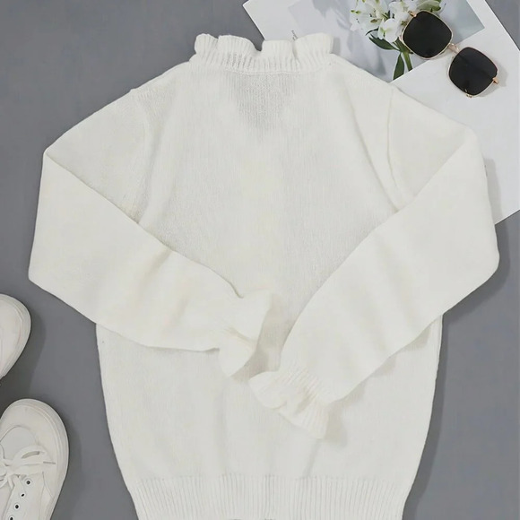 White Casual Women's Autumn/Winter Solid Color Frilled Edge V-Neck Sweater - Picture 2 of 6